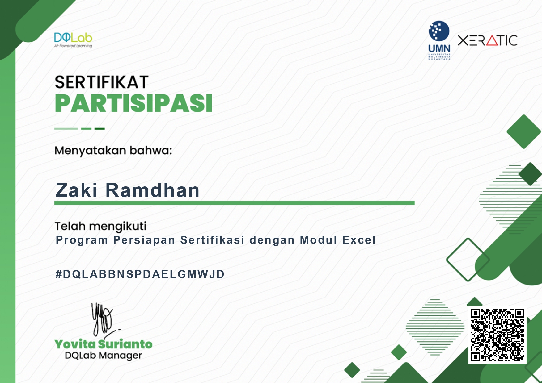 DQLab Excel module certificate